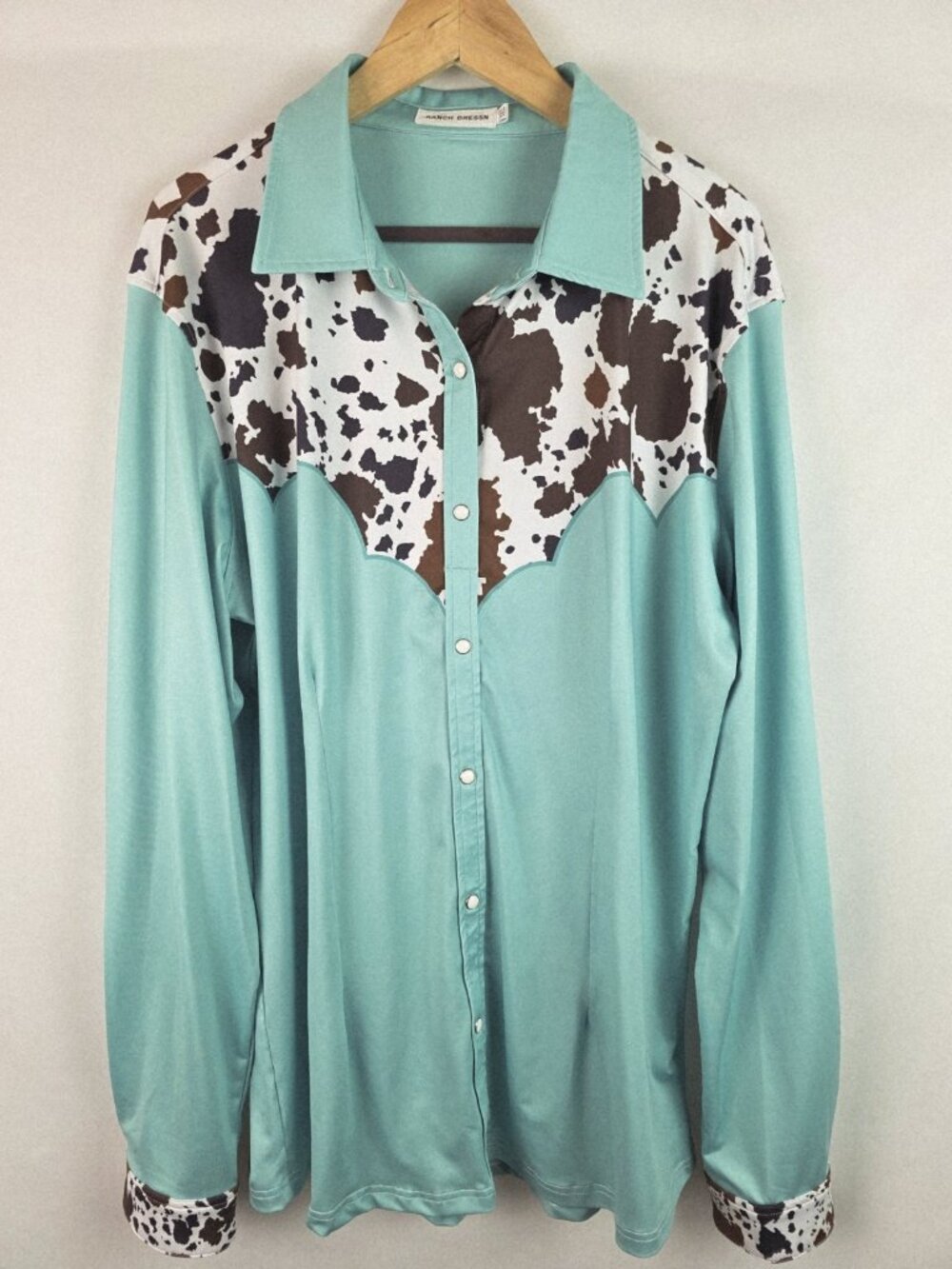 Ranch Dress'n Womens Shirt Size 3XL Turquoise Cow Snap Down Rodeo Western Top
